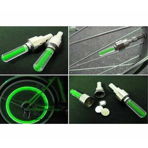 Collage of green LED bicycle valve cap lights, close-up and in use - Bicycle Light
