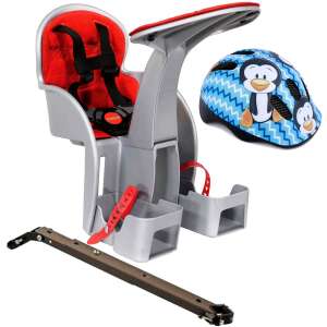 Gyermek kerékpárülés SafeFront Classic, központi rögzítési helyzet, 15 kg és védősisak XS 44-48 Penguin, WeeRide, szürke/piros 54615233 Gyerekülés kerékpárra