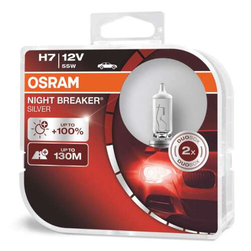 2 pack Osram H7 Night Breaker Silver car headlights bulbs, 100% brighter, up to 130m beam