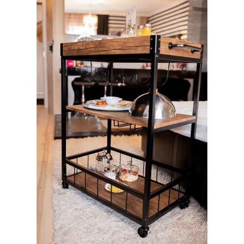 Silvius serving trolley, oak smoke/black, with three shelves, wine rack, towel holder, and removable tray