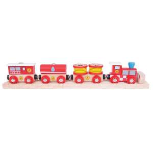 Tren de pompieri din lemn cu 3 vagoane, 3 figurine, 2 șine și sistem de cuplare magnetic - Tren, element feroviar, autostradă