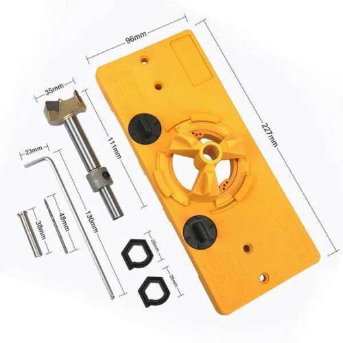 Cabinet door hinge drilling jig with drill bit, 35mm diameter, for precise and easy hinge installation