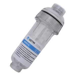 USTM WFST/1 vízkőmentesítő szűrő mosógépekhez és mosogatógépekhez, megakadályozza a vízkő lerakódását, védi a készülékeket, meghosszabbítja az élettartamot, csökkenti az energiafogyasztást, csökkenti a mosószer használatát, átlátszó műanyag ház, 3/4 hüvelykes csatlakozás - USTM