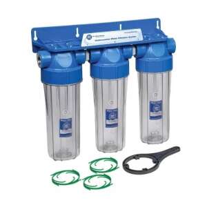 Aquafilter 3 lépcsős 10 hüvelykes vízszűrő ház rendszer 1 hüvelykes csatlakozással, átlátszó ház, dupla O-gyűrű - réz menetes - Aquafilter