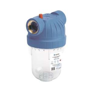 USTM 5"-os szűrőház 3/4" csatlakozással, 8 bar nyomás, átlátszó, kék, piros légtelenítővel, ferde nézet - USTM