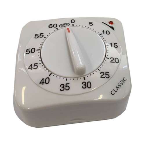 Fehér konyhai időzítő 60 perces tárcsával, tökéletes főzéshez és sütéshez.