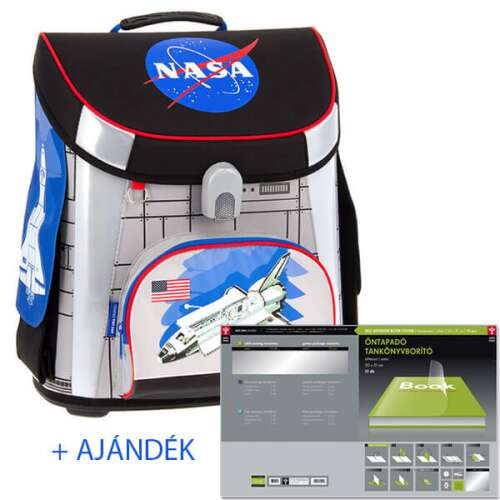 Ars Una NASA Kompakt Easy mágneszáras iskolatáska, elülső nézet, kék és piros díszítés, űrsikló mintázat, szürke és fekete mintázat, ajándék tankönyvborítóval
