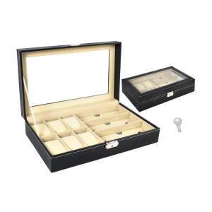 Malatec Black Leather Jewelry and Eyewear Organizer Box with 9 Compartments - Jewelry Box