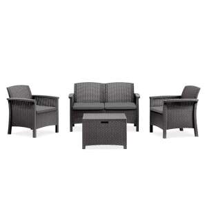 Zestaw mebli ogrodowych Venus 4-osobowy w kolorze grafitowym, składający się z dwóch foteli, dwuosobowej sofy i stolika kawowego, idealny do relaksu i rozrywki na świeżym powietrzu. - Zestaw ogrodowy