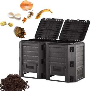 Black plastic compost bin with two chambers, 800 liters capacity, showing food scraps being added - Garden