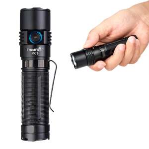 TrustFire MC3 taktikai zseblámpa, nagy teljesítmény, 2350 lumen, oldalsó kapcsoló, mágneses töltés, IP68 vízálló, 1 méter ütésálló, zsebcsíptető, 3 fényerősség, stroboszkóp, fekete - Zseblámpa & fejlámpa