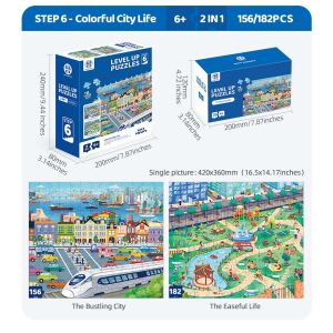 Panda Juniors Level Up Puzzle, 6. lépés, Színes városi élet, 156/182 darab, 6+ év, 2 az 1-ben puzzle, városi és parki jelenetek - Panda Juniors