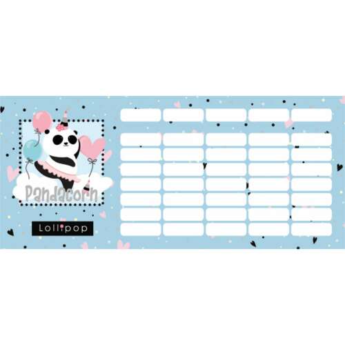 Lollipop Pandacorn órarend, kék és rózsaszín panda mintával, iskolai órarend, heti tervező