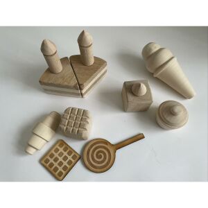 Natúr Fa Cukrászda Játék Szett: Fa játék sütemények, beleértve tortát, muffint, nyalókát, gofrit, kiflit, pogácsát, fagyit - Játék élelmiszer