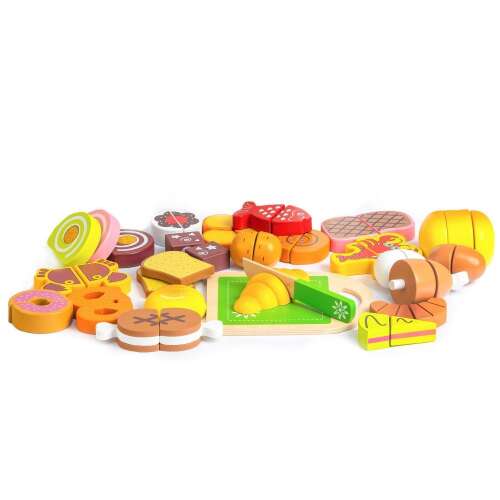 Wooden play food set for kids, including bread, meat, fish, vegetables, and more