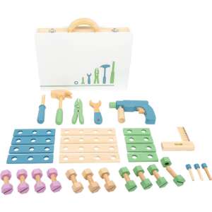Small Foot Skandináv szerszámostáska szerszámokkal, fajáték készlet gyerekeknek, tartalmaz kalapácsot, csavarhúzót, fogót, villáskulcsot, vízmértéket, fúrót, csavarokat, anyákat és alátéteket - Barkácsolás