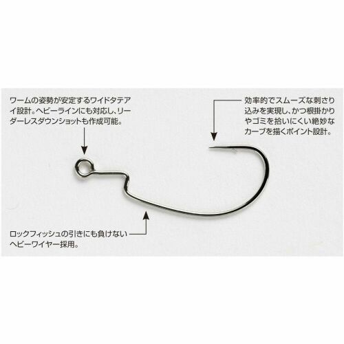 Decoy Worm 29 Rock'n Hook offset horgászhorog japán szöveggel, amely részletezi a funkciókat, mint a stabil féreg pozíció, erős drót és sima behatolás - Horgász horog