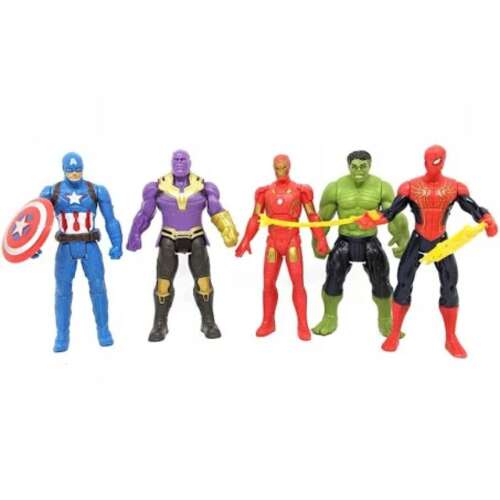 Set 5 figurine Supereroi, Hulk, Spiderman, Iron, Captain America, Thanos,12 cm