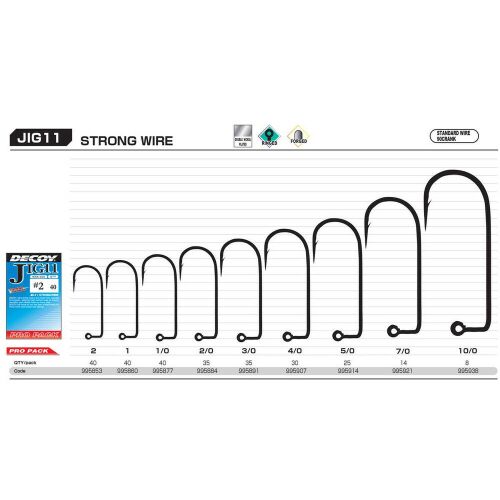 Decoy JIG11 Strong Wire horgászhorgok különböző méretekben #2-től #10/0-ig, ideális jig horgászathoz, mérettáblázattal és márkajelzéssel - Horgász horog