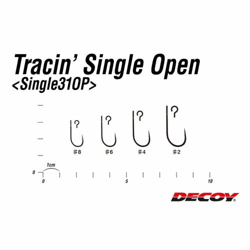 Decoy Tracin Single Open horgászhorog mérettáblázat #8, #6, #4 és #2 modellekkel összehasonlítva, 1 cm-es vonalzóval - Horog, forgó és kapocs