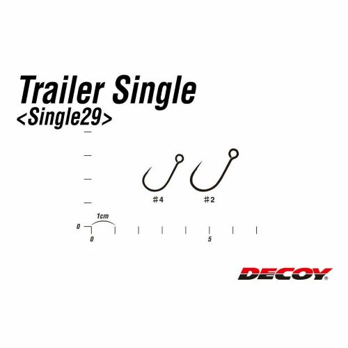 Infografika, amely a Decoy Trailer Single 29 horgászhorog #4 és #2 méretét hasonlítja össze egy 1 cm-es vonalzóval - Horog, forgó és kapocs