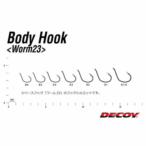 Mérettáblázat a DECOY Body Hook Worm 23-hoz, különböző horogméreteket mutat #6-tól #1/0-ig mérőskálával - Horgász horog