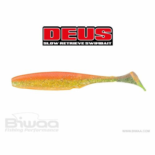 BIWAA DEUS 3 hüvelykes 7.5cm 308 Atomik puha swimbait horgászcsali, narancs és sárga csillámmal - Gumicsali és twister