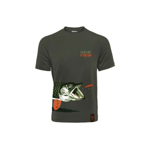 Delphin Catch me csuka M póló, sötétzöld póló csukával és a 'Catch me! If you can' felirattal az elején
