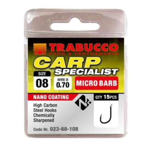 Trabucco Carp Specialist 08-as méretű mikro szakállú horgászhorgok, 15 darab - Trabucco