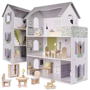 Casa de papusi din lemn, 70 cm, mobilier, gri 55978808 Casute de papusi