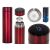 Collage of Burgundy Thermos Mug with LED Display, Tea Infuser, and Packaging