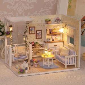 Retro style wooden dollhouse DIY kit, 3013 model, fully furnished with lights, assembled and decorated - Kik