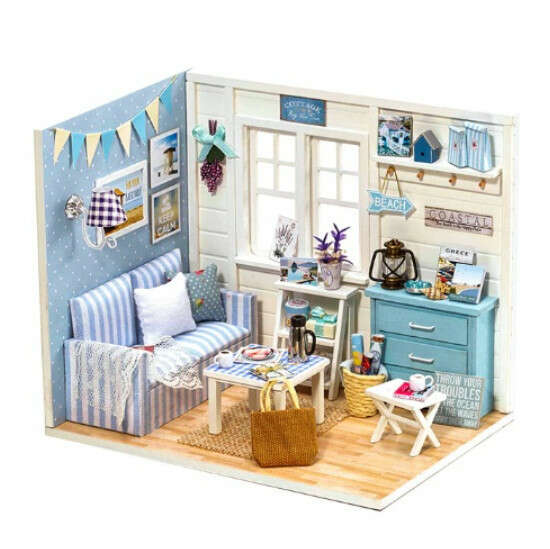 Fából készült babaház nappali modell összeszerelhető LED DIY 3016