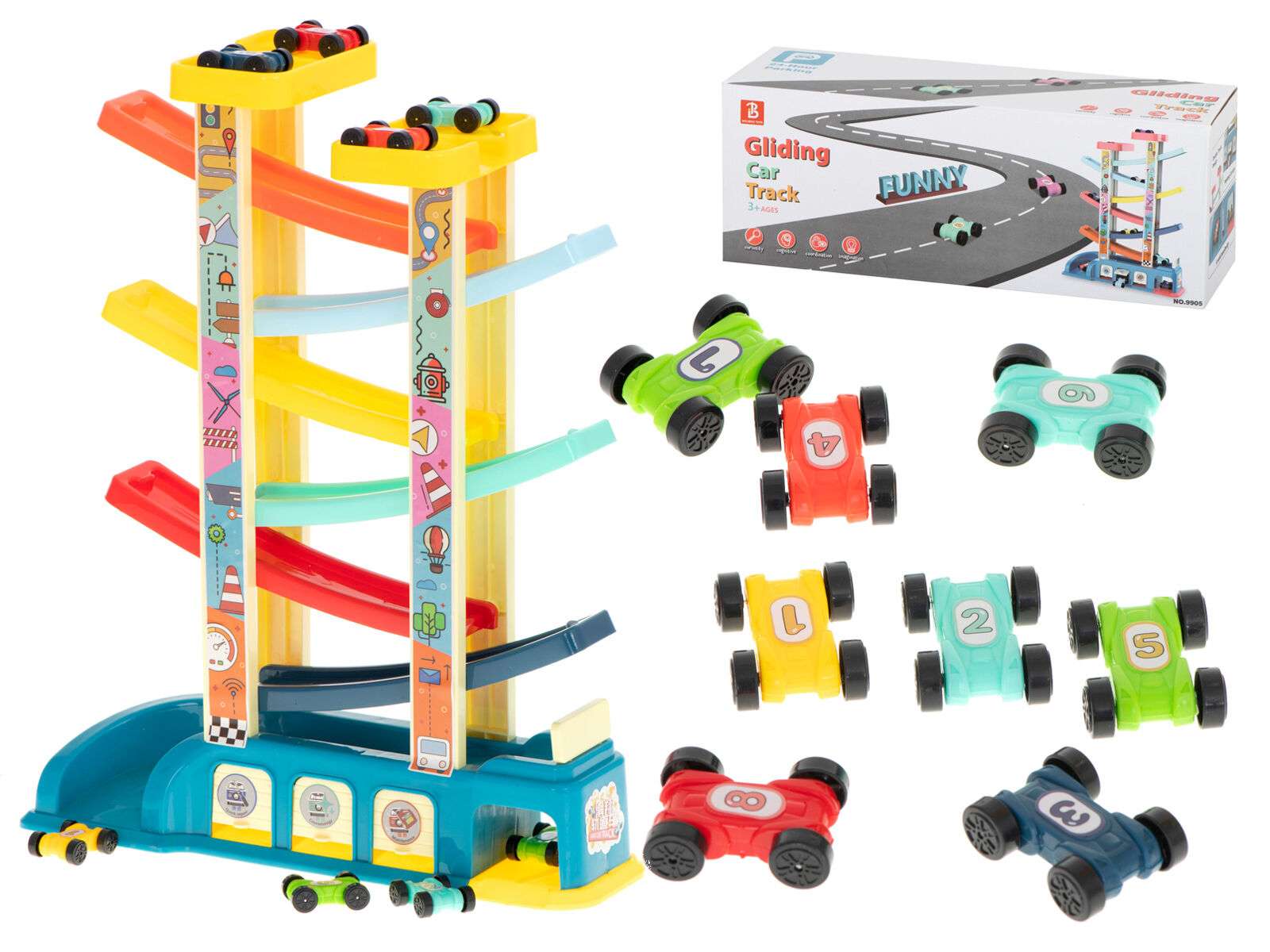 Ikonka 7 szintes Autópálya emeletes csúszda 8 autóval 30x12x44,5cm