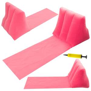 Pink inflatable beach mat with backrest, 3/4 view, showing the mat, backrest, and pump - Beach Item