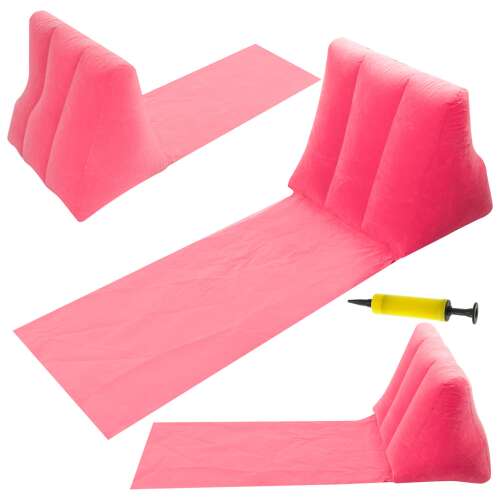 Pink inflatable beach mat with backrest, 3/4 view, showing the mat, backrest, and pump