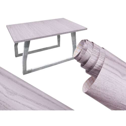 Self-adhesive film roll for wall cladding oak silver gray 1.22x50m, showing a table with the film applied and the roll of film
