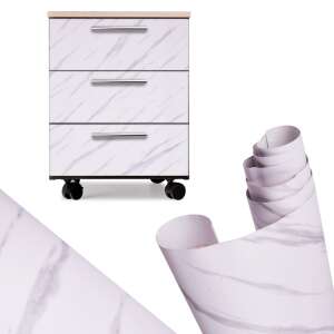 Self-adhesive film roll for wallpaper veneer white marble - jazz 1,22x50m, showing the roll and an example of the film applied to a drawer unit - Wallpaper