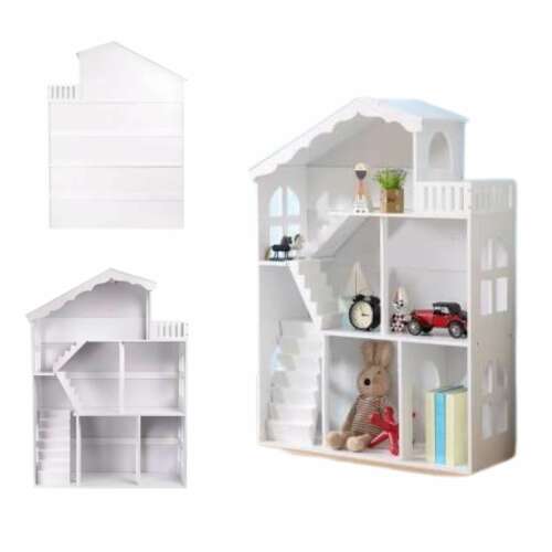 LULILO White Wooden Dollhouse and Bookshelf - Collage View