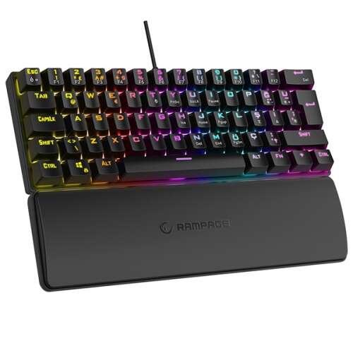 Rampage PLOWER K60 RGB gaming tipkovnica s plavim prekidačima i osloncem za zglob, crna