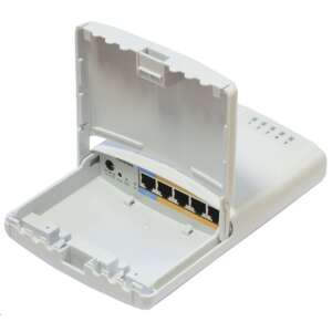MikroTik RB750P-PBr2 outdoor PoE router with open case, showing ports and internal components - MikroTik