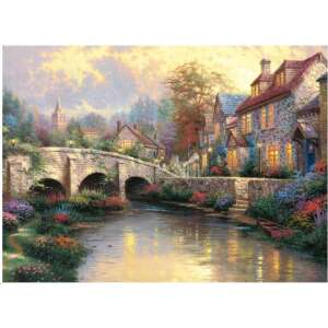Schmidt Cobblestone Brooke 1000 darabos kirakó, Thomas Kinkade festményével, egy bájos falu képe kőhíddal és folyóval. - Thomas