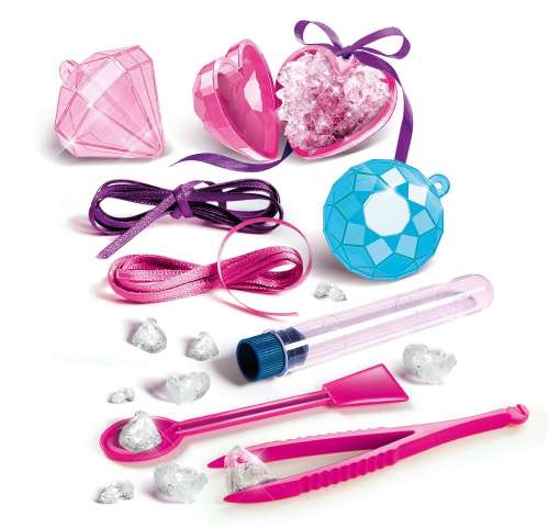 Kristály ékszerkészítő készlet, növeszd meg saját kristályaidat, készíts nyakláncokat, szív alakú kristály, gyémánt alakú kristály, kék kristály, rózsaszín kristály, szalag, csipesz, kanál, cső, kristályok