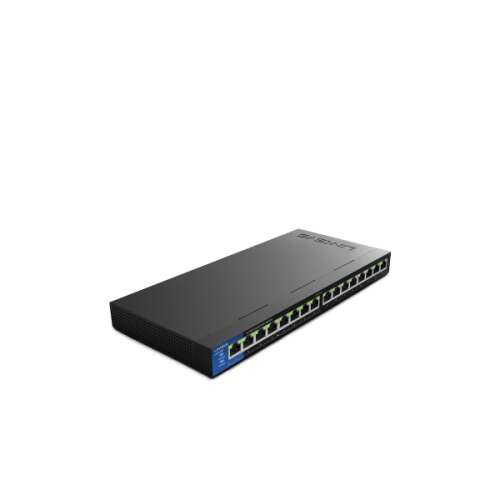 Switch Linksys LGS116P-EU Gigabit Ethernet PoE+ cu 16 porturi, negru, vedere înclinată