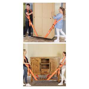 Two people using furniture lifting straps to move a large cabinet - Transportation and Lifting Equipment