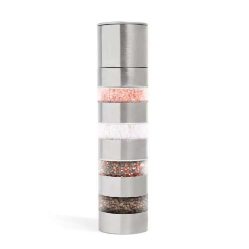 4-in-1 stainless steel spice grinder filled with colorful spices