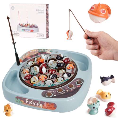 Fishing game for kids, 27 pieces, blue, with rotating base, sound effects, and fishing rods