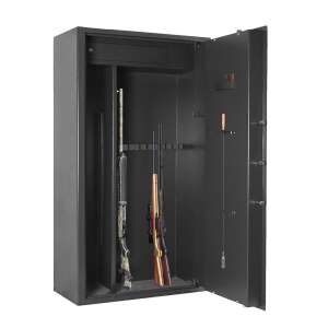 Alpha 10M fegyverszekrény, fekete, 150x75x45cm, belső elválasztóval, 10 fegyver befogadóképesség, VdS 1 tanúsítvánnyal, 2 kulcsos zár, 5 ponton záródó rendszer, 22 mm-es acélcsapok, belső tisztító pálca és irattartó, rögzítő furatok a biztonságos telepítéshez - Vadászat