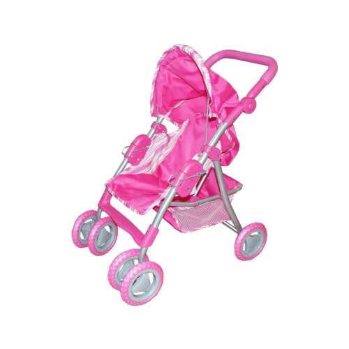 Różowy wózek dla lalek z daszkiem, podnóżkiem i koszem na zakupy