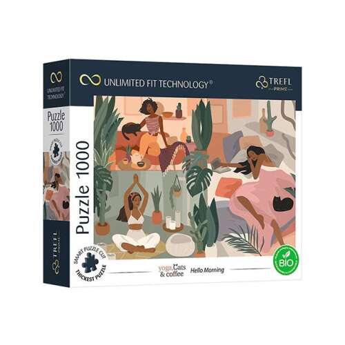 Trefl Prime UFT 1000 darabos kirakós játék, Jógázás, Macskák és Kávé Jó reggelt, színes illusztrációval három nővel otthoni környezetben